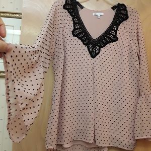 Daniel Rainn Anthro Pink black swiss dot lace top